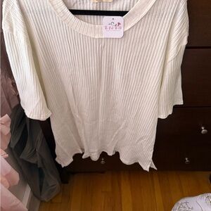 Elegant Cream Ribbed Short Sleeve Top